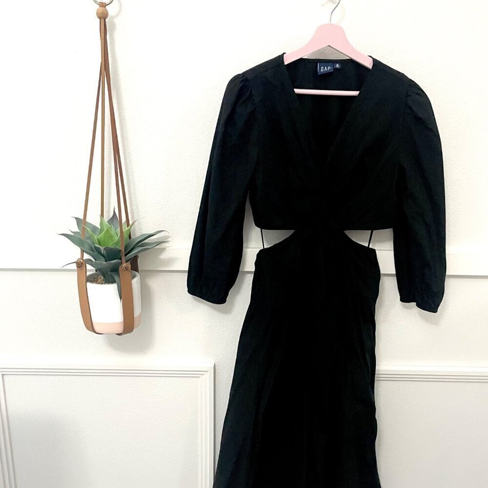 Gap Puff Sleeve Cut Out Midi Dress Long Sleeve Black Size M Tall - Picture 2 of 8